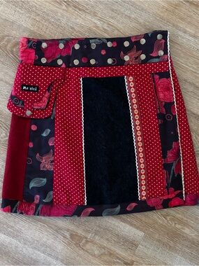 Desigual Red Patchwork Mini Skirt with Black Panel